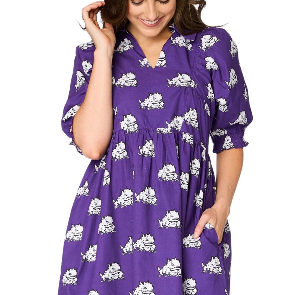 Stewart Simmons TCU Horned Frogs Poplin Dress with Puff Sleeves Gameday NWT